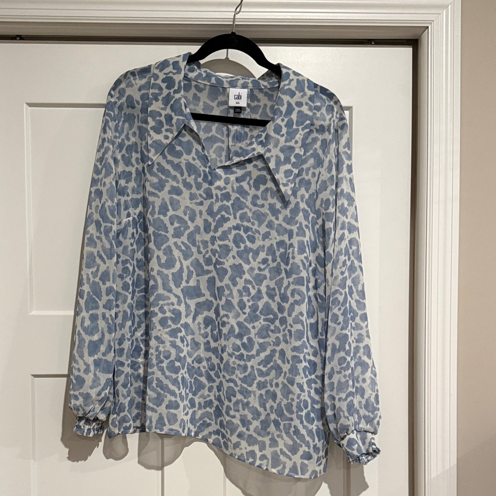 CAbi Abstract Animal Print Blue White Blouse